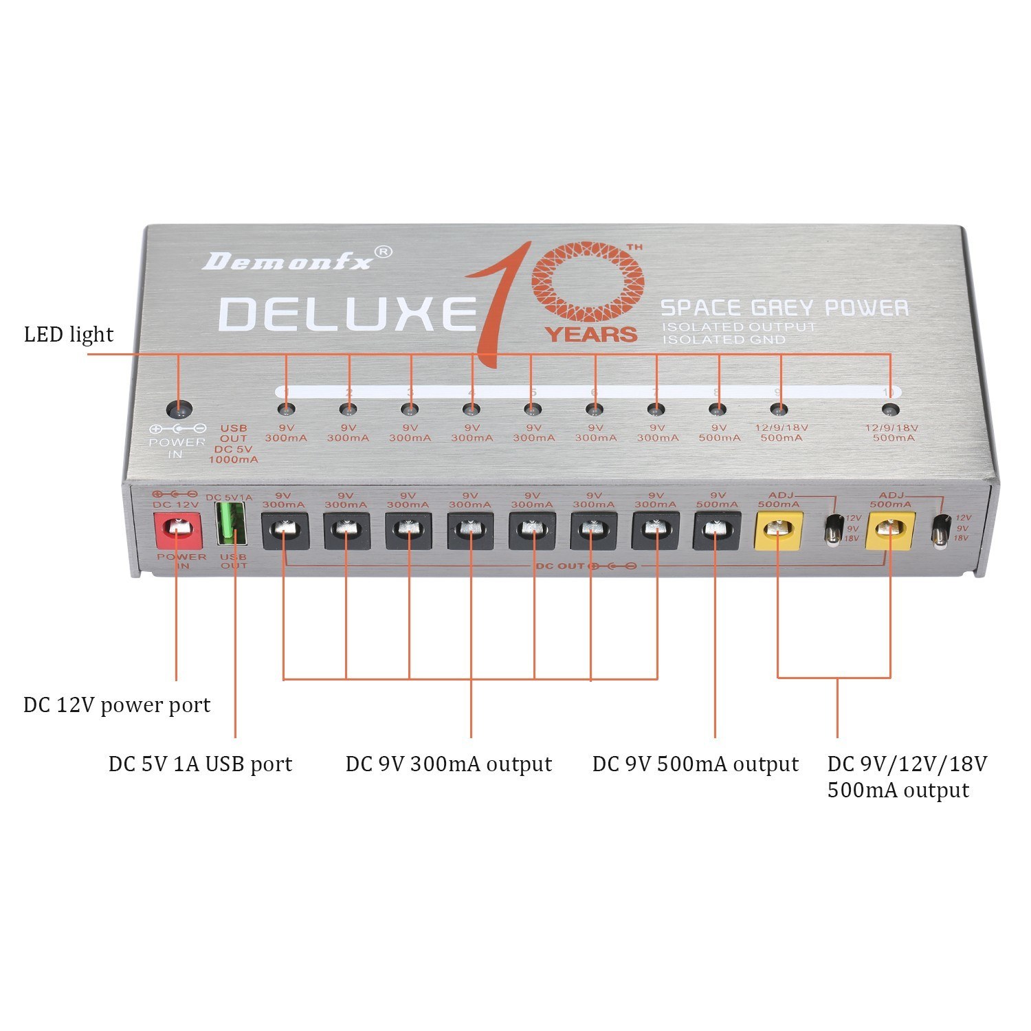 Demonfx Guitar Power Supply 10 Isolated Output Effect Pedal Supply