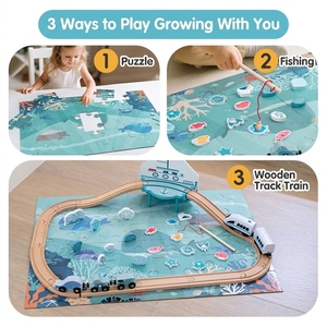 Ensemble de train maritime en bois avec <span class=keywords><strong>canne</strong></span> à pêche magnétique, bateau, pont, baleine, corail, créatures marines, tapis de jeu vagues bleues, jouet pour enfants - Product Image 4