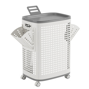 Large Capacity Collapsible Rolling Laundry Hamper Lid Perforated <strong>Plastic</strong> <strong>Basket</strong> Wheels Storage Bin Handle Modern Design Bathroom - Product Image 5