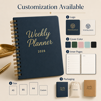 Agenda hebdomadaire personnalisé 2026, carnet à spirale, couverture en PU bleu marine, reliure spirale dorée, logo personnalisé, mise en page couleur, vente en gros