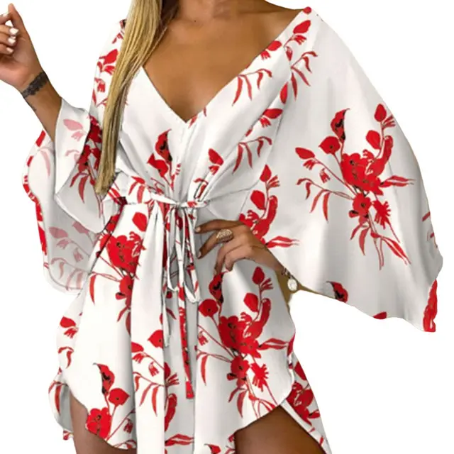 Batwing Sleeve Sexy V-neck Leaf Print Party Dress Women Elegant Lace-up Waist Dress Casual Irregular Beach Dress 