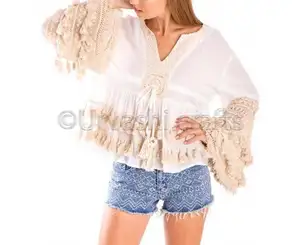 Wholesale Hot Pretty Lace Top Blouse Exquisite Long Sleeves Womens White Cotton Kaftan Tops