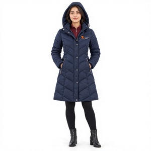 <b>Women's</b> <b>Navy</b> Blue Long Quilted Down Jacket Detachable Hood <b>Winter</b> Windproof Thick Puffer <b>Coat</b> - Product Image 1