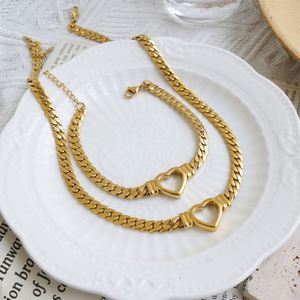 Women's Gold Plated Stainless Steel Punk Fashion Jewelry <b>Set</b> Heart-Shaped Cuban Chain Flat Snake Chain Necklace and <b>Bracelet</b> - Product Image 1