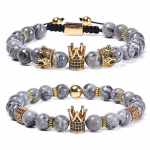 Natural Map Stone Micro Pave Zirconia Crown Beaded Bracelet Charm Bracelet For Men Women