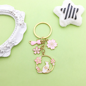 Pink Cherry Blossom Cat <b>Keychain</b> Zinc Alloy Round Fashion Jewelry Accessory For Creative DIY Gifts - Product Image 4