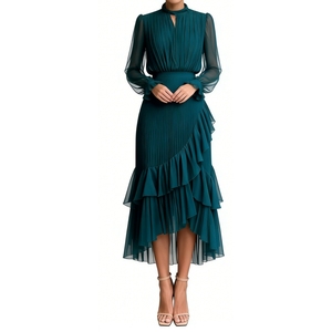 Robe midi plissée en mousseline pour femme, col montant, ourlet à volants, idéale pour les invitées de mariage et les soirées – Collection Mode - Product Image 4