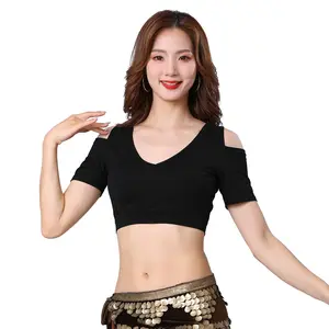 Grosir kualitas tinggi wanita gadis latihan kostum V-neck backless Modal katun pendek lengan tari perut Top