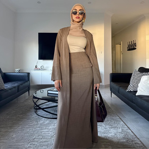 fabbrica OEM/ODM prezzo all'ingrosso puro colore misto tessuto aperto lungo stile Abaya gonna Set 2 pezzi Set per musulmani - Product Image 5