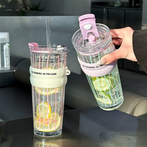 Gobelet à café vertical simple à grande capacité épais pour femmes, double paille, verre à eau, tasse à isolation thermique réutilisable - Product Image 4