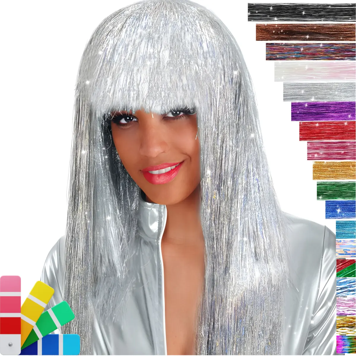 Wig perada Foil gaun indah Wig pesta berkilau dewasa perlengkapan Cosplay metalik Wig Glitter Bob dewasa pendek