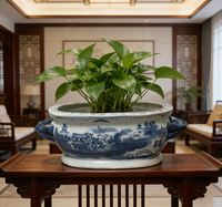 Bassin de Bain de Pieds en Porcelaine Bleue et Blanche Peinte à la Main, Style Antique de Jingdezhen, Motif Temple Montagneux, Pot de Plantes à Poignée