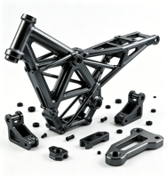 Composants de cadre de moto en titane usinés CNC, finition polie et peinte, matériaux métalliques en acier inoxydable et laiton, 3D
