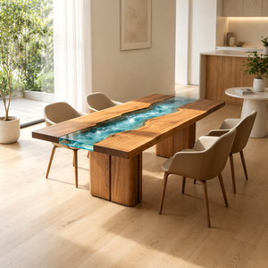 Juego de Mesa de Comedor Personalizable de Resina Epoxi Transparente Moderna con Tablero de Madera Maciza y Patas de Metal - 4 Plazas para Hoteles - Product Image 6