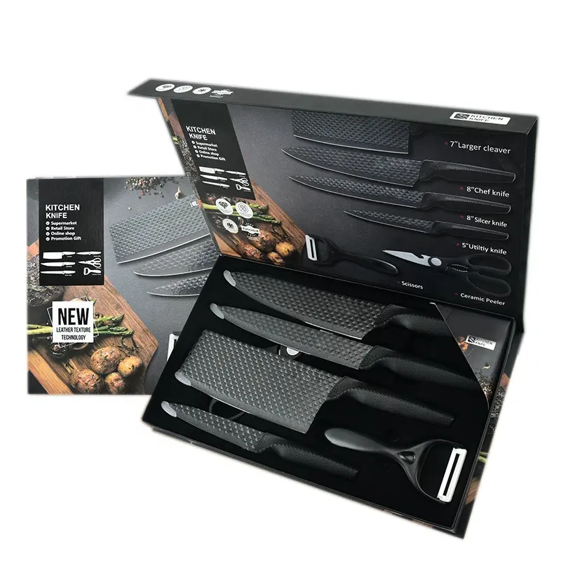 Nuovo esclusivo set di coltelli da cucina con goffratura diamantata in acciaio inossidabile da 6 pezzi