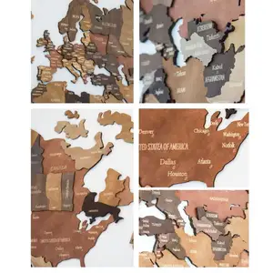 ホット販売新築祝いギフト木製世界地図パズルホームアート3D木製世界地図リビングルームオフィス壁アート装飾