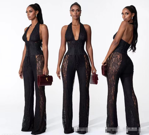 <span class=keywords><strong>Tuta</strong></span> <span class=keywords><strong>Aderente</strong></span> Sexy da <span class=keywords><strong>Donna</strong></span> con Collo all'Americana, Schiena Scoperta, in Pizzo Nero, Casual e Alla Moda - Product Image 1