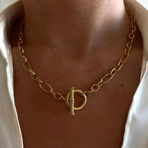 Collar de palanca de cadena de eslabones ovalados gruesos chapados en oro de 18 quilates, Gargantilla de acero inoxidable resistente al agua, joyería para mujer - Product Image 1