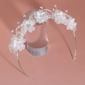 Chiffon Flower Wedding Tiara Multi-layered Pearls Surround Tiara Crown For Girls Bridal Tiaras