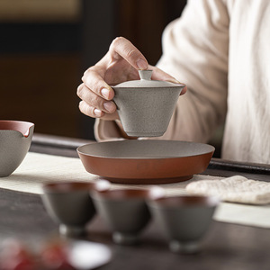 Guanlan Coarse Pottery Gaiwan <b>Teacup</b> Grey Glaze With Lid Kung Fu Tea Set Handmade Ceramic Bowl For Afternoon Tea - Product Image 3