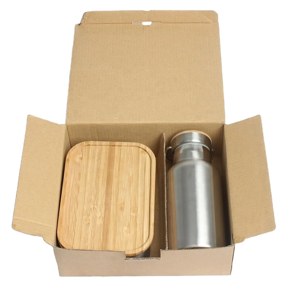 stainless steel 304 lunch box with double wall insulated vacuum water bottle set bamboo lid container set for school kids