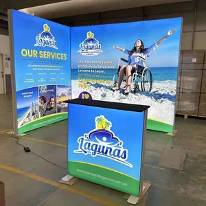 The Trade Show Booth Displays A Rectangular Seg Pop-up LED Backlight Box With A Tension Fabric BackgroundFolding Light Box