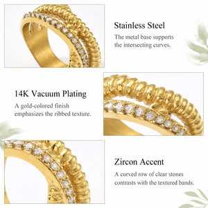 แหวนเซอร์โคเนียแบบไขว้ สแตนเลสสตีล ชุบทอง 14K แบบสุญญากาศ ลายริบบิ้น กว้าง 1.1 ซม. เครื่องประดับดีไซน์โดดเด่น - Product Image 3