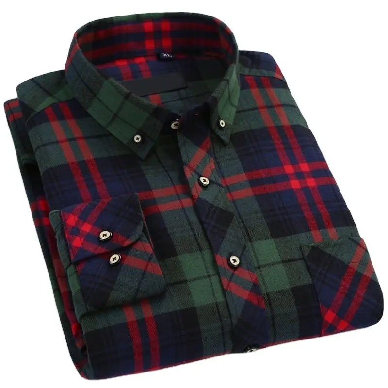 Camisa xadrez escovado de manga comprida, camisa coreana slim fit de negócios casual para homens