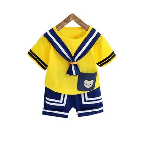 世界畅销产品夏季女孩水手领时尚现代童装休闲小熊服装短雨夹套