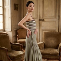Robe longue décontractée sans bretelles en maille rayée, coupe ajustée, en acrylique, pour femme, service OEM éco-responsable