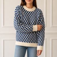 Pull en tricot brioche personnalisé pour femme, col rond, bleu roi, texture à carreaux crème, usine OEM ODM
