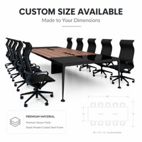 Table de conférence exécutive avec plateau bicolore en placage de bois et verre noir, pieds en métal, base en caisson pour salle de réunion moderne