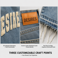 Shorts en jean cargo pour hommes, style streetwear et hip-hop, avec logo brodé personnalisé, bords bruts et effet vieilli, fabriqués par un fabricant de patchs brodés.