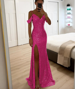 Abito da sera elegante da donna 2026 con scollo a V e paillettes lucide - Vestito lungo slim fit a tinta unita con spacco, perfetto per <span class=keywords><strong>le</strong></span> serate - Product Image 5