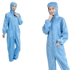 5毫米条纹蓝色/黄色/粉色拉链防静电工作服洁净室套装esd实验室服装连身衣