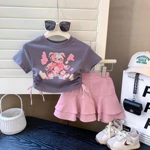 Ensemble de vêtements pour filles de 1 à 7 ans, imprimé dessin animé, été, robe pour enfants, ensemble deux pièces, hauts + jupe longue plissée, ensemble de vêtements pour filles - Product Image 4