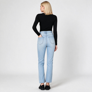 Jean slim droit taille haute <span class=keywords><strong>pour</strong></span> femme avec fente latérale, denim délavé clair, idéal <span class=keywords><strong>pour</strong></span> le marché printanier - Product Image 5