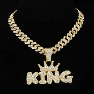 2023 Iced Out Cuban Chain Prong Chain Tennis Chain with Alloy and Bling Rhinestone Hip Hop King Letter Pendant Necklace