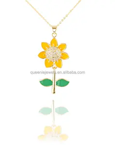 Nuevo diseño flor Zirconia Collar chapado en oro O-cadena cristal esmalte hoja colgante collar colorido girasol colgante collar