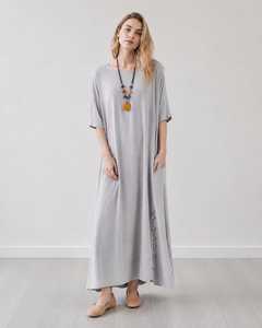 Vestido Maxi de Lino para Mujer, Cuello en V, Manga Corta, Casual, Suave, Corte Regular, Hecho a Medida, Cintura Natural, Ecológico, Proveedor Mayorista B2B, Color Sólido - Product Image 1