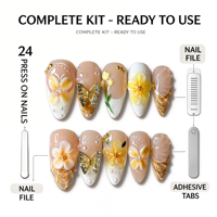 Vente en gros de faux ongles en amande avec fleurs 3D de luxe, papillon doré, perles, pour femmes, manucure