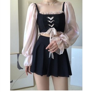 Traje de baño de dos piezas para mujer, conjunto de bikini con top corto y cuello cuadrado en negro y rosa para vacaciones y ocio - Product Image 2