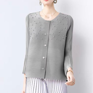 PY Primavera - Cárdigan Elegante y Transpirable para Mujer, Estilo Coreano, con Pliegues, Cuentas y Mangas Acampanadas, Holgado e Informal - Product Image 6