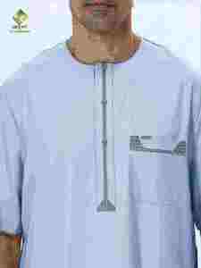 Al Haramain <b>Men's</b> Light Gray Cotton <b>Thobe</b> Short Sleeve Floor Length Breathable Traditional Arabic Prayer Wear good cotton - Product Image 4