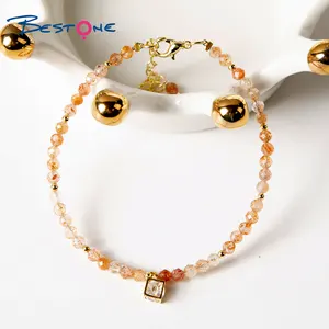 Bestone Grosir Diskon Besar Pembuatan Perhiasan Kustom Emas Disepuh Charm Batu Alam Beads Aquamarine Gelang untuk Wanita
