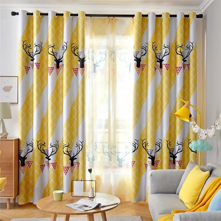 Modern Yellow Elk Stripe Printing Style Home Decoration Living Room Window Sun Protection Grommet Curtain Living Room//