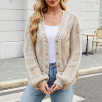 Vente Chaude Cardigan en Maille Torsadée Col V Manches Longues Style Décontracté Ample Automne Hiver