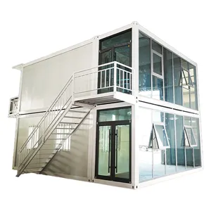 Casa de contêiner pré-fabricada modular de 20 pés, pacote plano de dois andares, casa de montagem, parede de vidro, villa de escritório personalizada