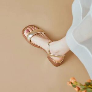 2026 Summer New High Texture Golden <b>Flat</b> <b>Sandals</b> Women One Band Cross Border Wholesale Ladies Shoes - Product Image 2