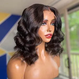 Wig Bob Pendek 4X4 Penutupan Gelombang Tubuh 13X4 Wig Rambut Manusia Renda Depan untuk WANITA HITAM Brasil Alami Pra Pencabutan Garis Rambut